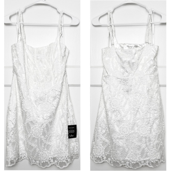 NWT LULUS Floral Embroidered Lace Square Neck Bustier Sleeveless Sheath Dress L - Picture 3 of 5